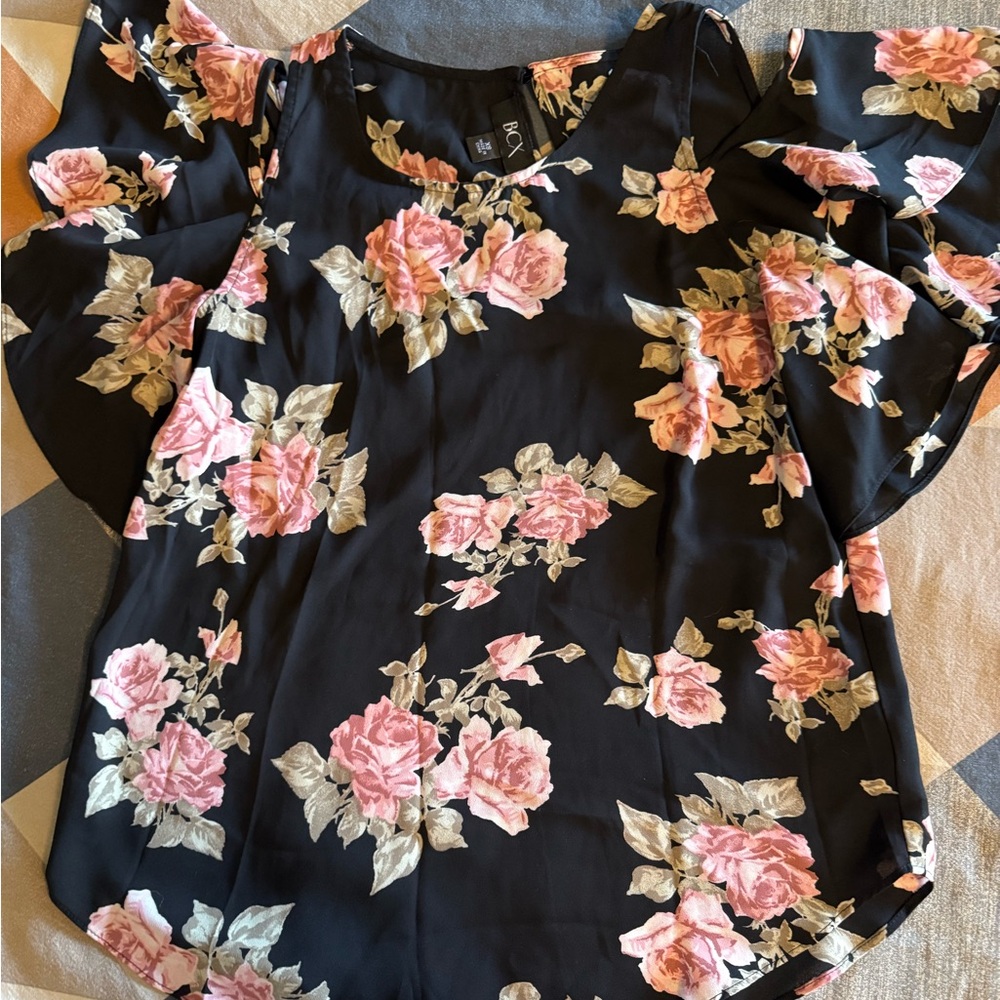 Floral Black Top with Pink Accents